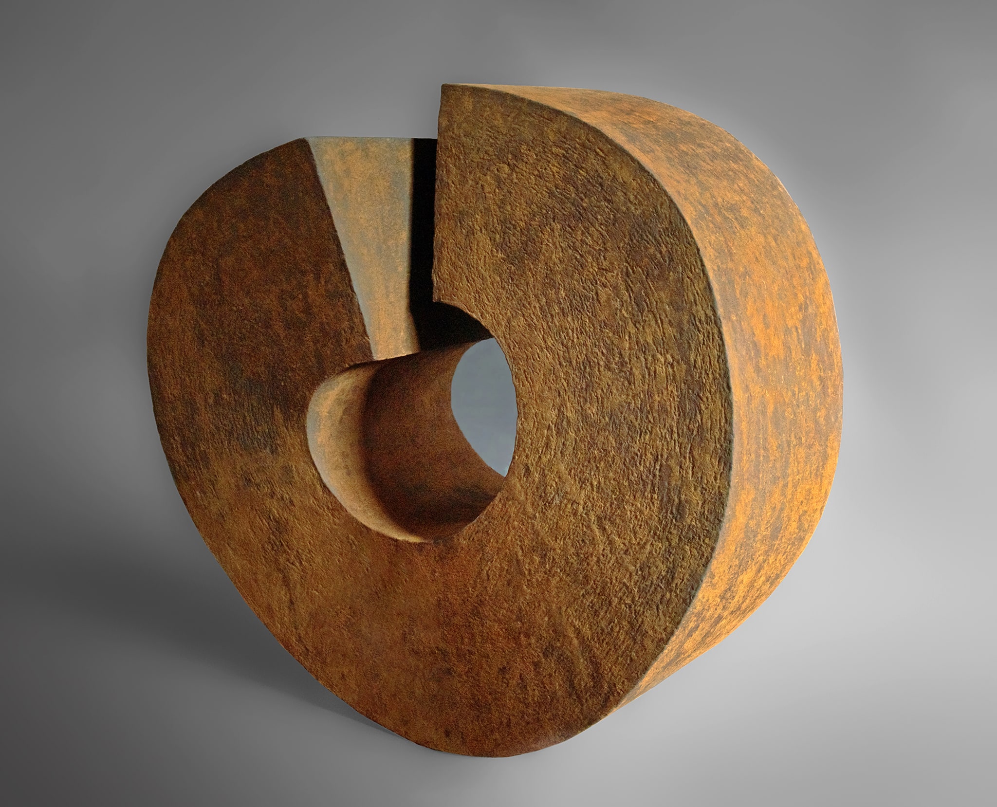 Crescent Lock, 23" x 23" x 13", clay with iron oxide finish