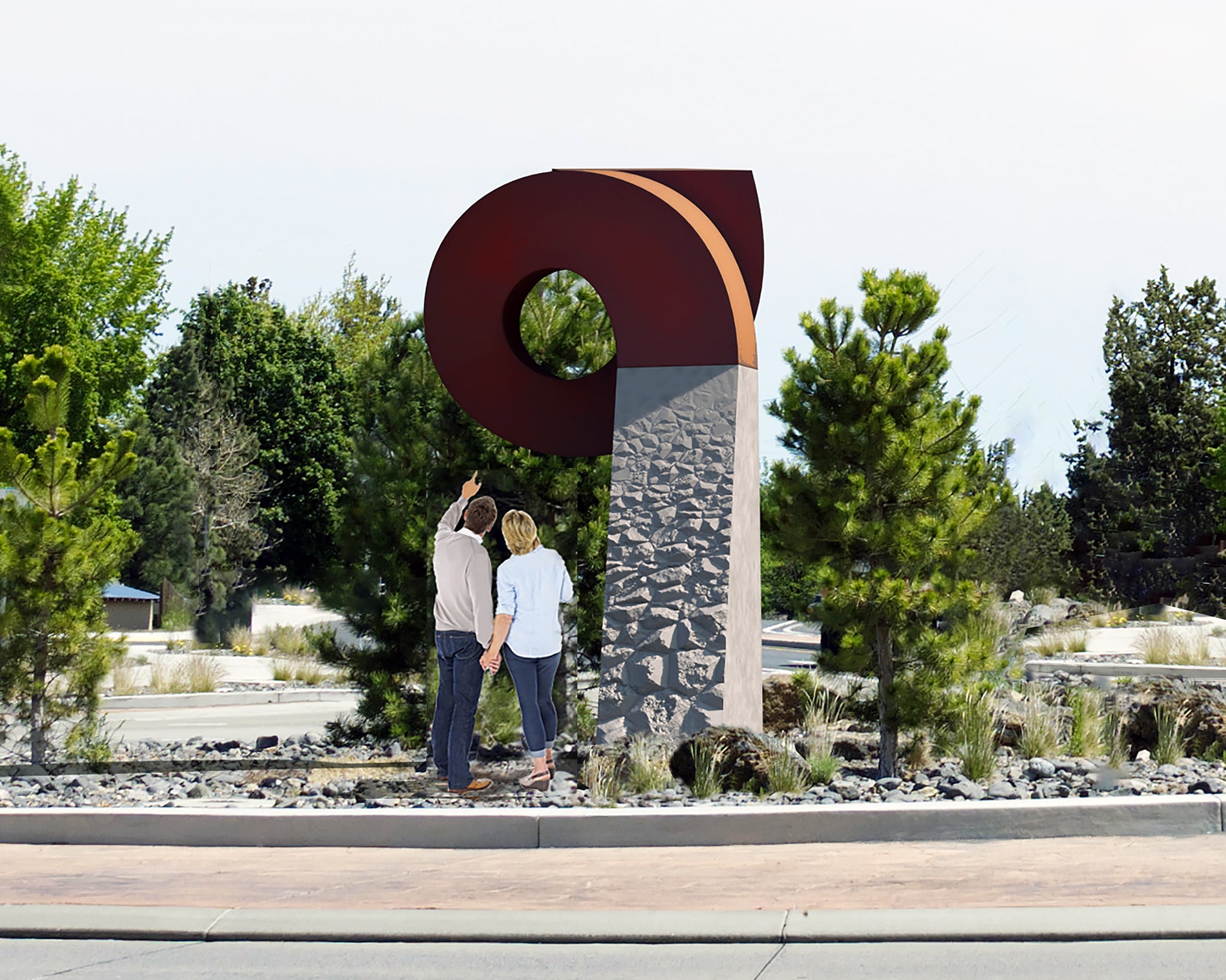 Monument Spiral, 15' 4" H x 14' 5" x W x 8' 2" D, Corten Steel on Concrete base, finalist presentation model, Bend, OR