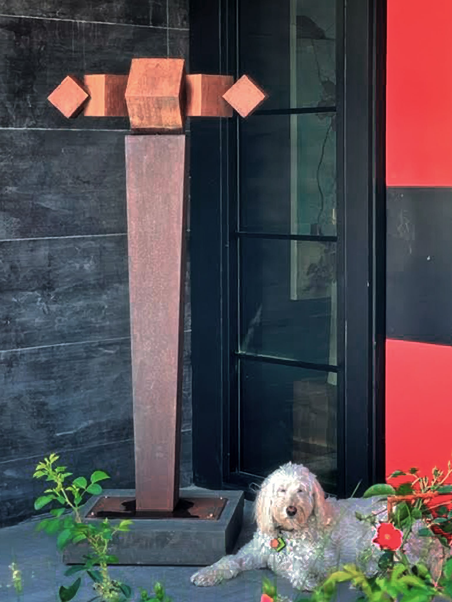 Geo Cubes, clay with iron oxide finish on Corten Steel base, private residence, Lake Oswego, OR